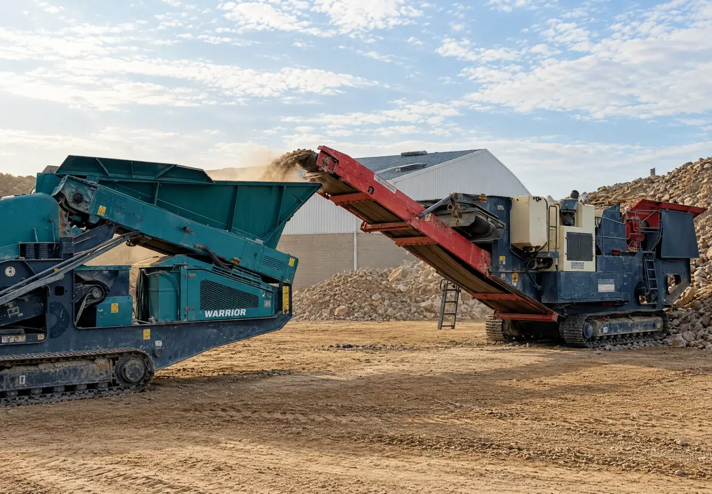 Mobile jaw crusher feeding crushed rubble into a Powerscreen Warrior screener in the Rubble Cycle yard