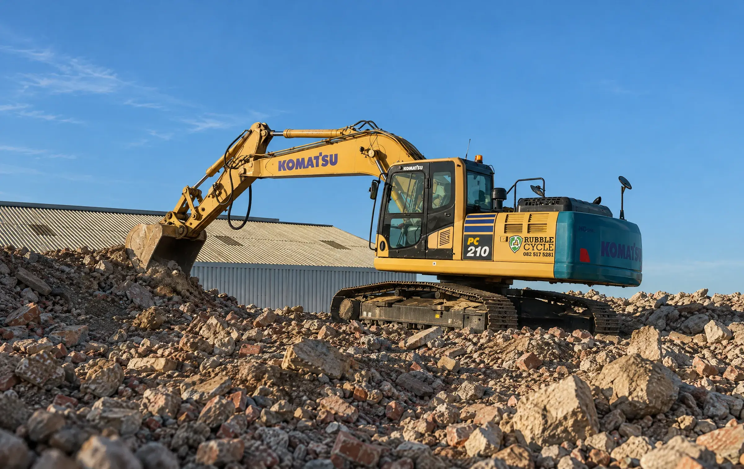 Rubble Cycle Komatsu PC210 excavator digging into a mound of demolition rubble