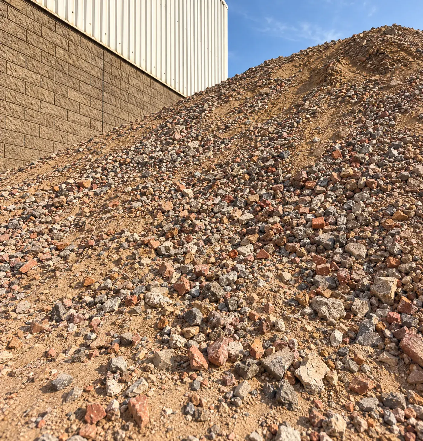 Stockpile of recycled aggregate, sandy fines with crushed brick and concrete, against a block wall in the yard