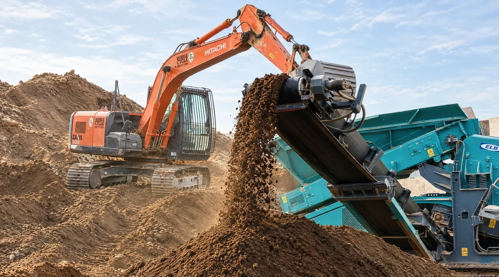 Hitachi excavator beside a screening plant as screened soil drops from the conveyor onto a heap