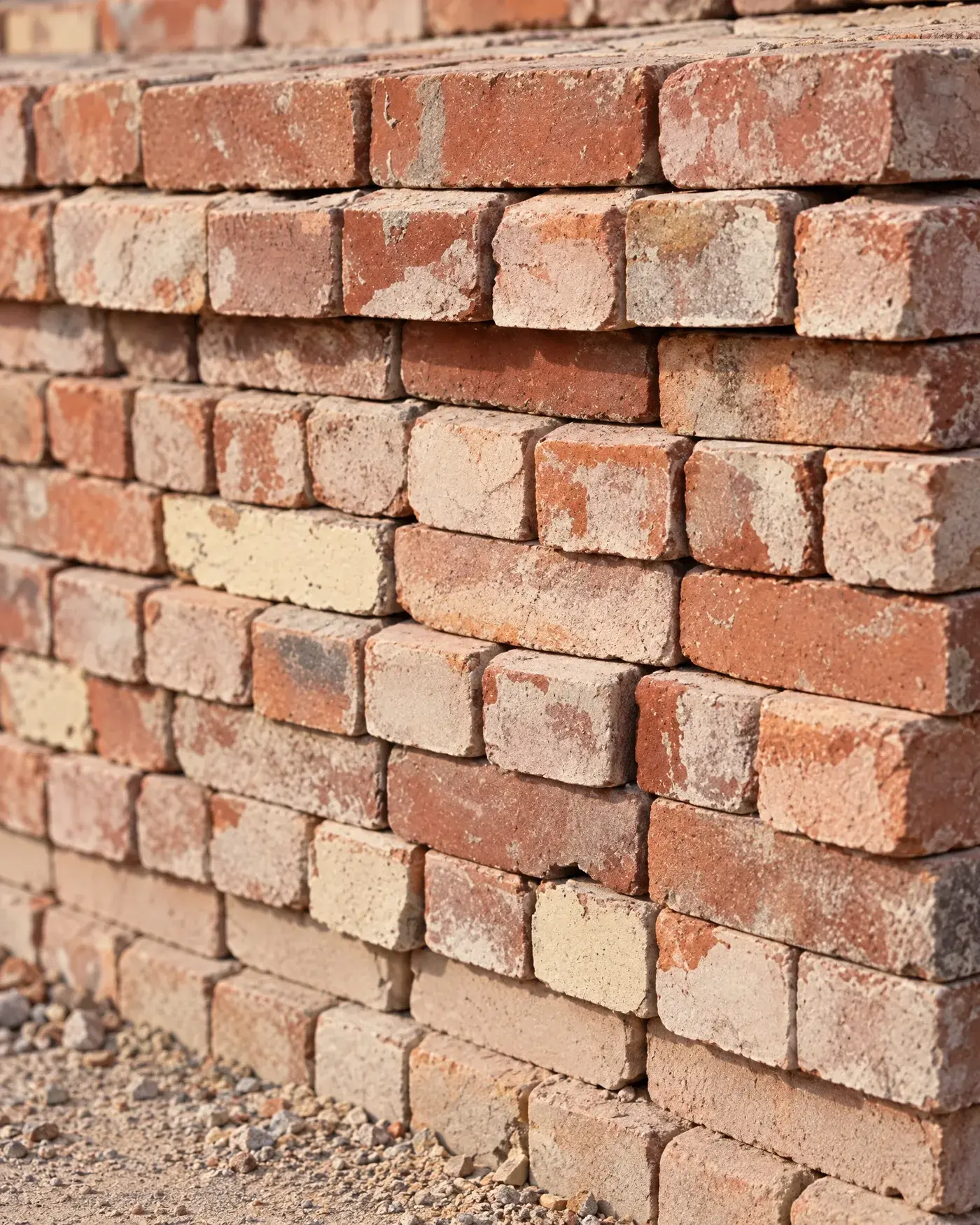 Stack of reclaimed clay bricks with old mortar still on them