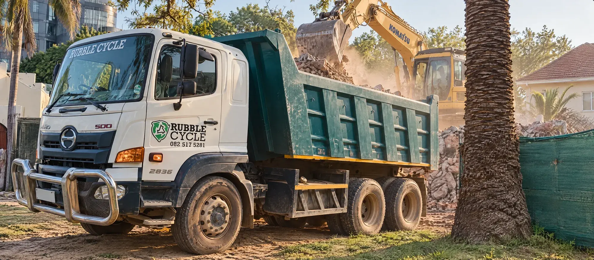Rubble Cycle Hino tipper truck being loaded with rubble by a Komatsu excavator beside a building site