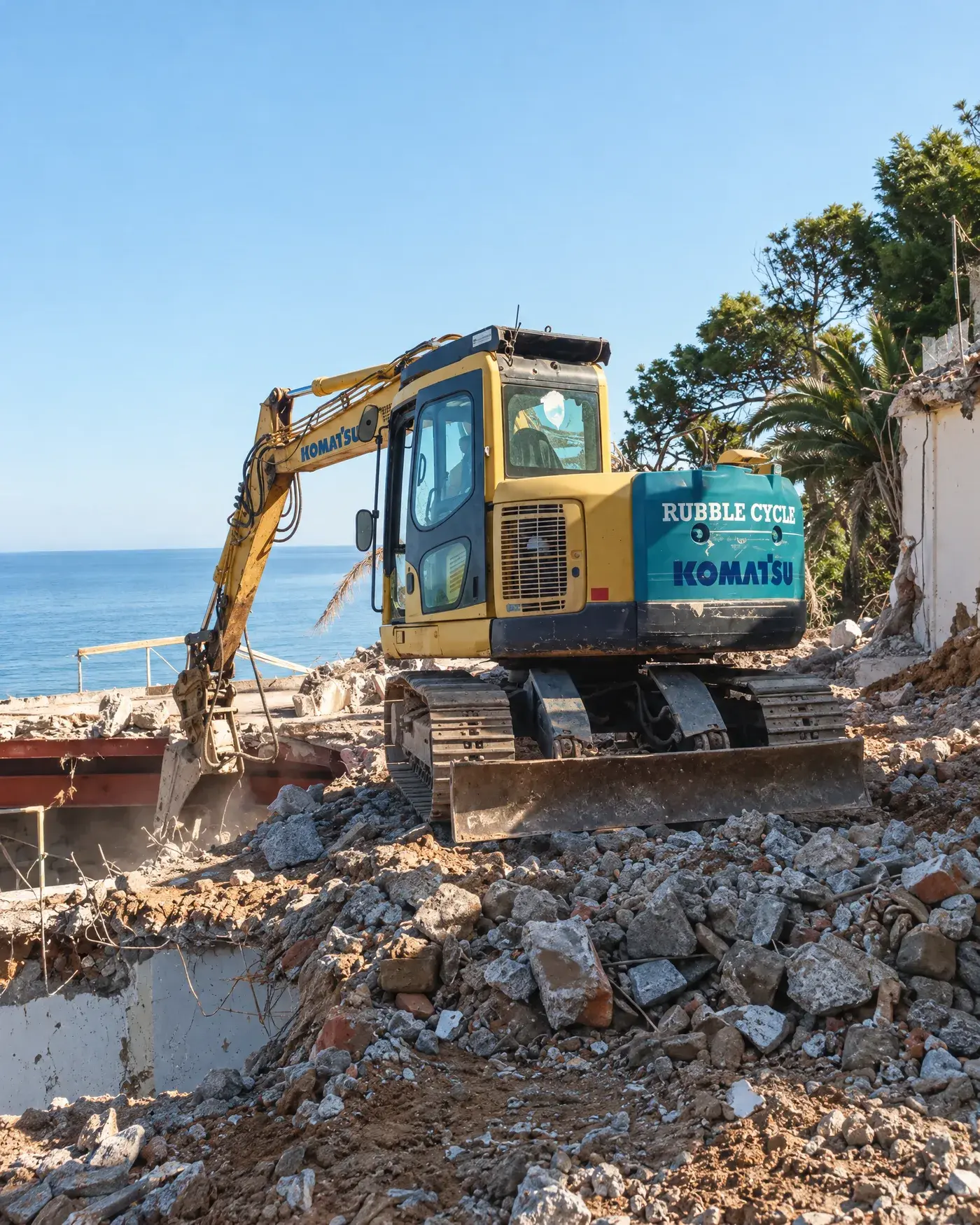 Rubble Cycle Komatsu excavator clearing a demolished foundation above the Atlantic Ocean