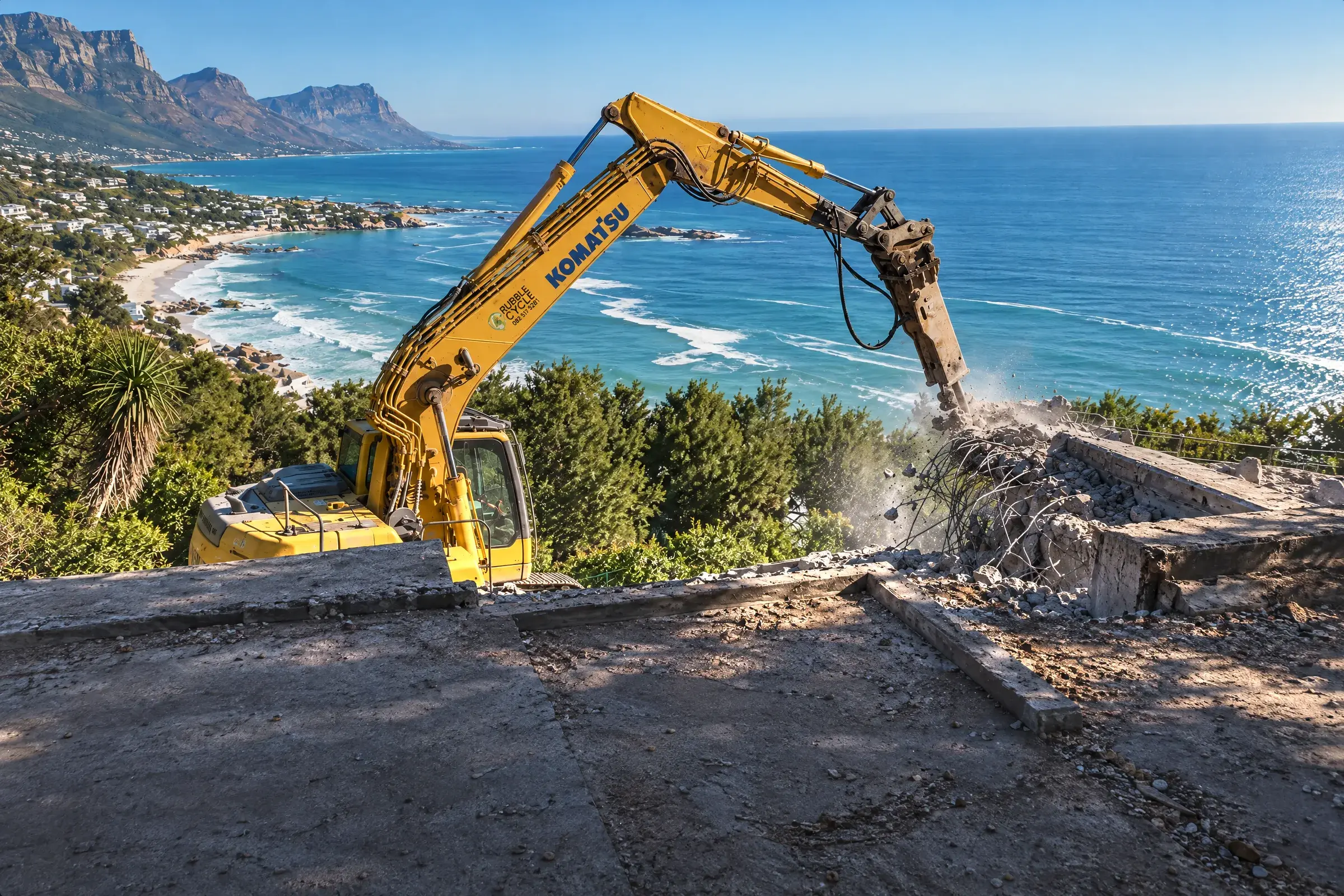 Yellow Komatsu excavator with a breaker demolishing a concrete structure on a clifftop above the Atlantic coast