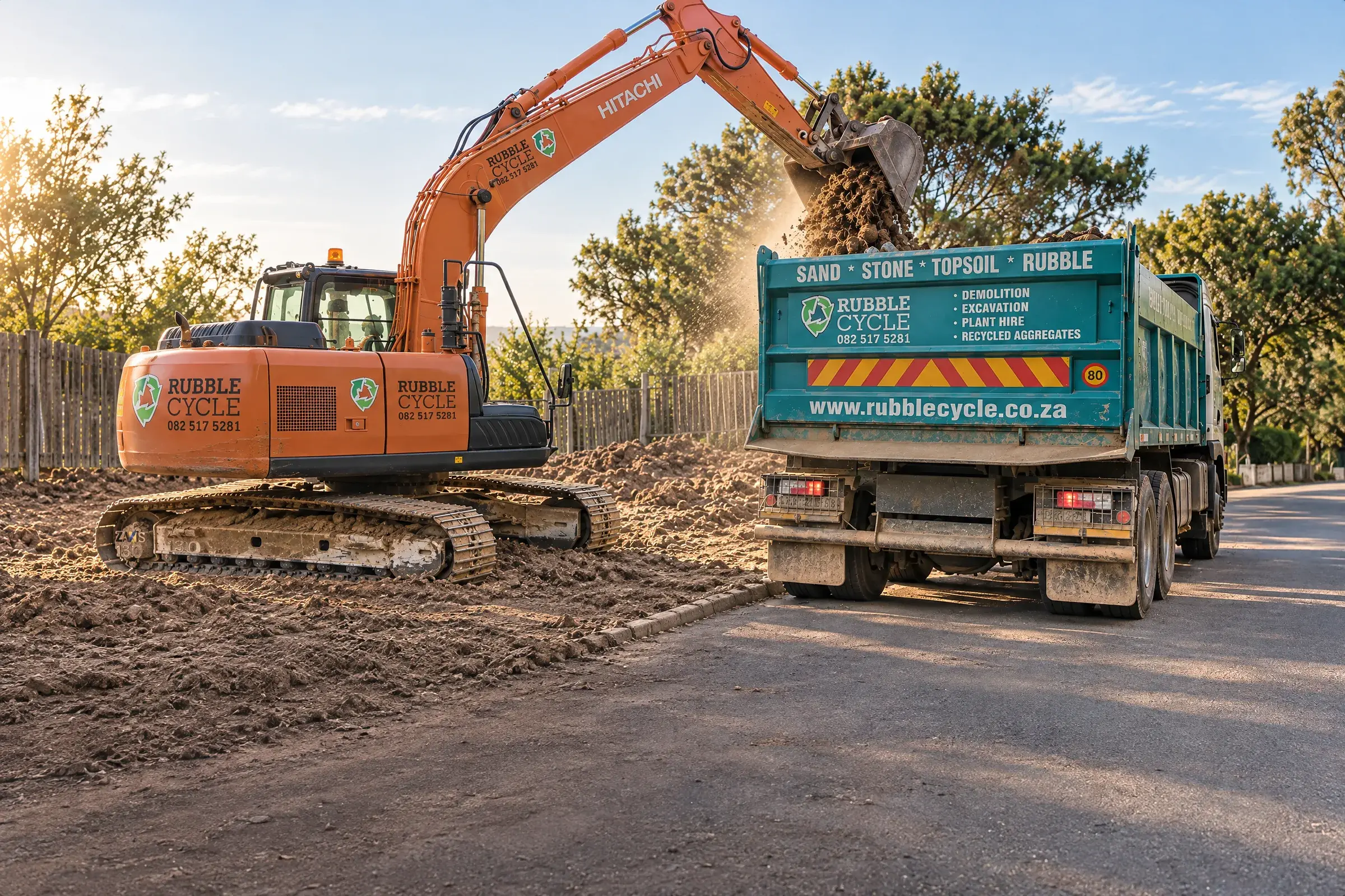 Orange Hitachi excavator tipping soil into a teal Rubble Cycle tipper truck at the kerb of a residential street
