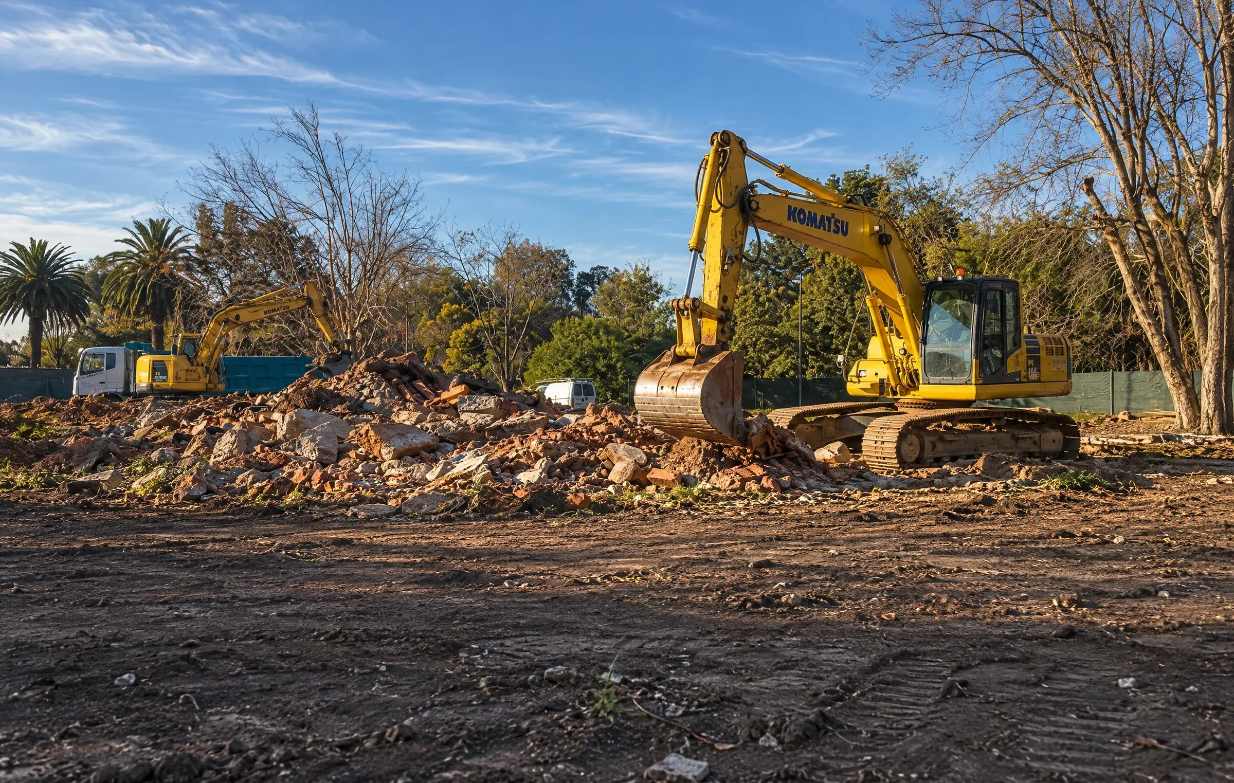 Yellow Komatsu excavator with its bucket on a heap of demolition rubble, a second excavator loading a tipper truck behind