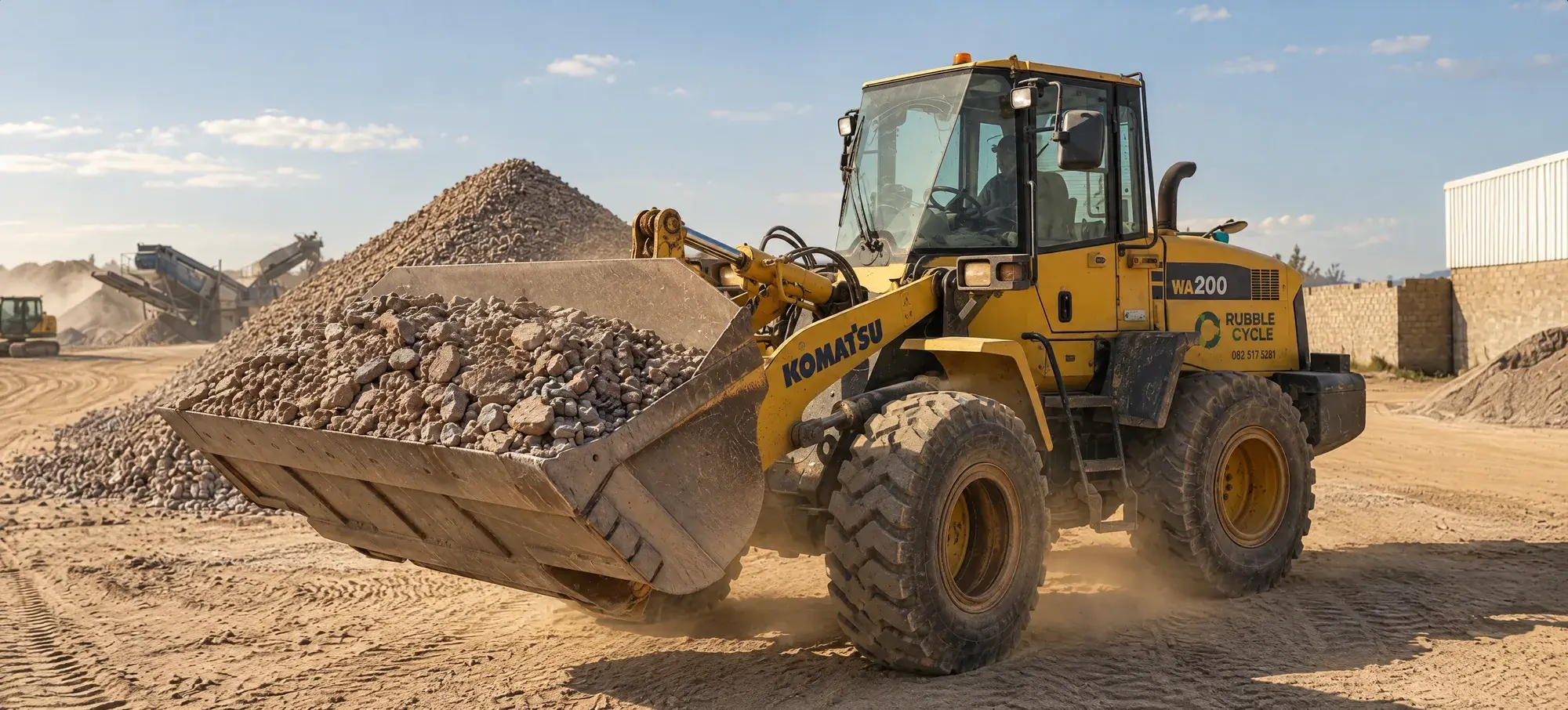Komatsu WA200 wheel loader carrying a bucket of crushed stone past an aggregate stockpile in the Rubble Cycle yard